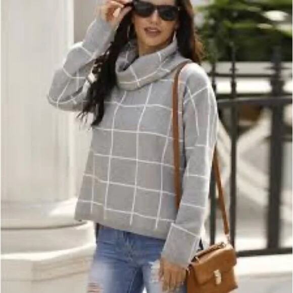 Anthropologie Lumiere Grey & White Windowpane Cowl Neck Sweater Size Small - Picture 1 of 9